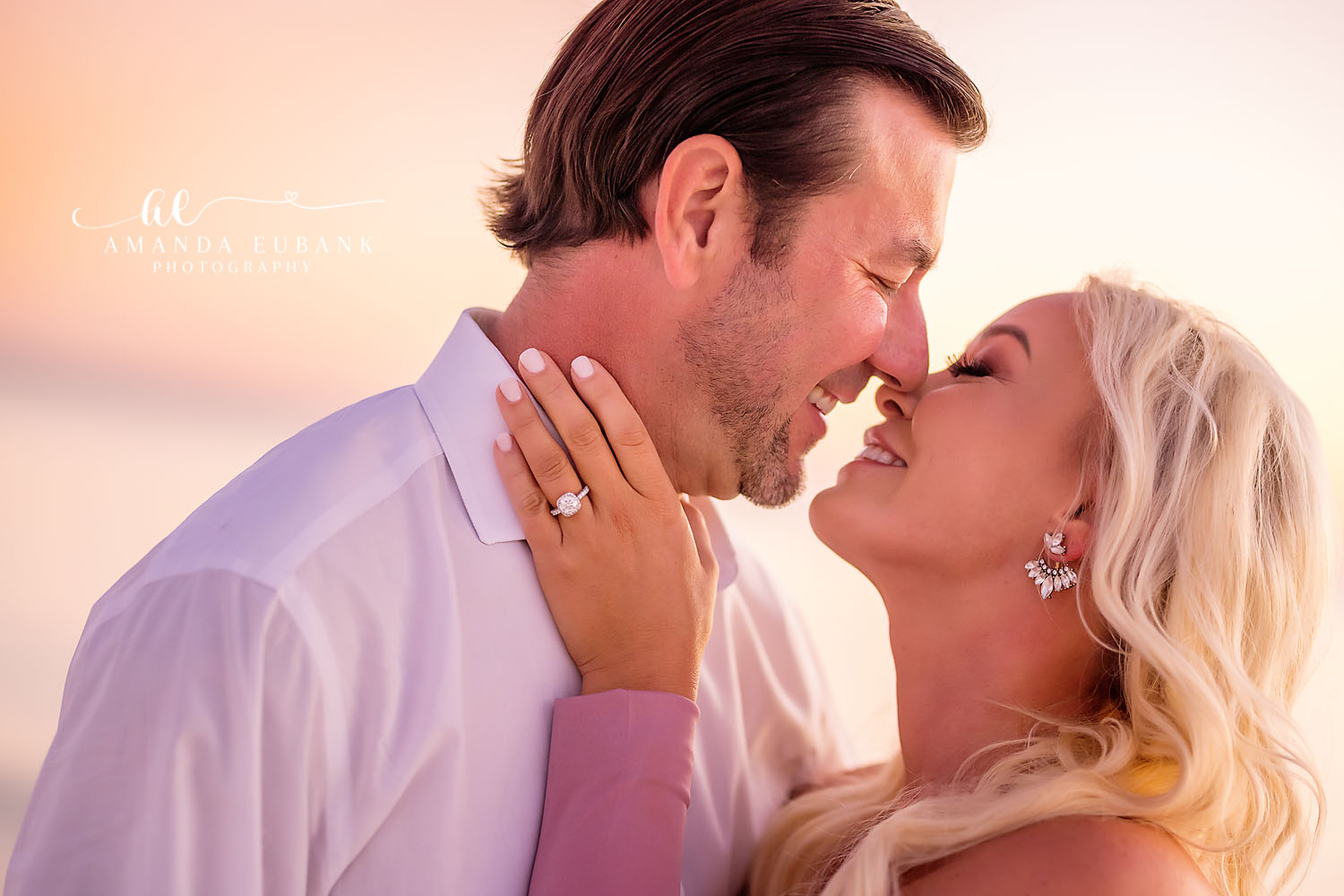 Ring Reveal Close-Up | Engagement Photographer in Tampa, Florida Engagement photos in Tampa, FL showing a close-up of an almost-kiss with a new engagement ring resting against his cheek.
