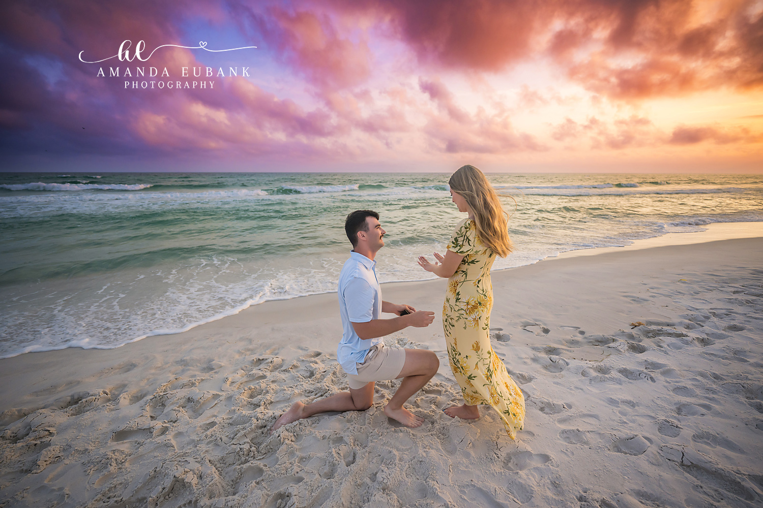 Joy at the Proposal | Engagement Photographer in Tampa, Florida Engagement photos in Tampa, FL showing her joyful reaction to the proposal with her yellow dress catching the last light.