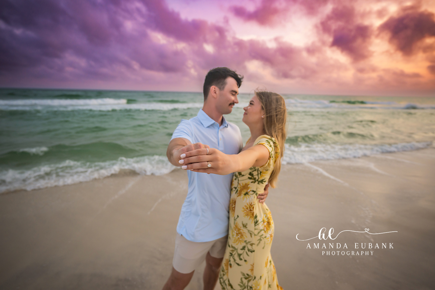 Almost a Kiss — Tampa Bay Engagement Photography A close frame of an almost-kiss with her engagement ring resting on his shoulder — beach engagement photography in Tampa Bay.