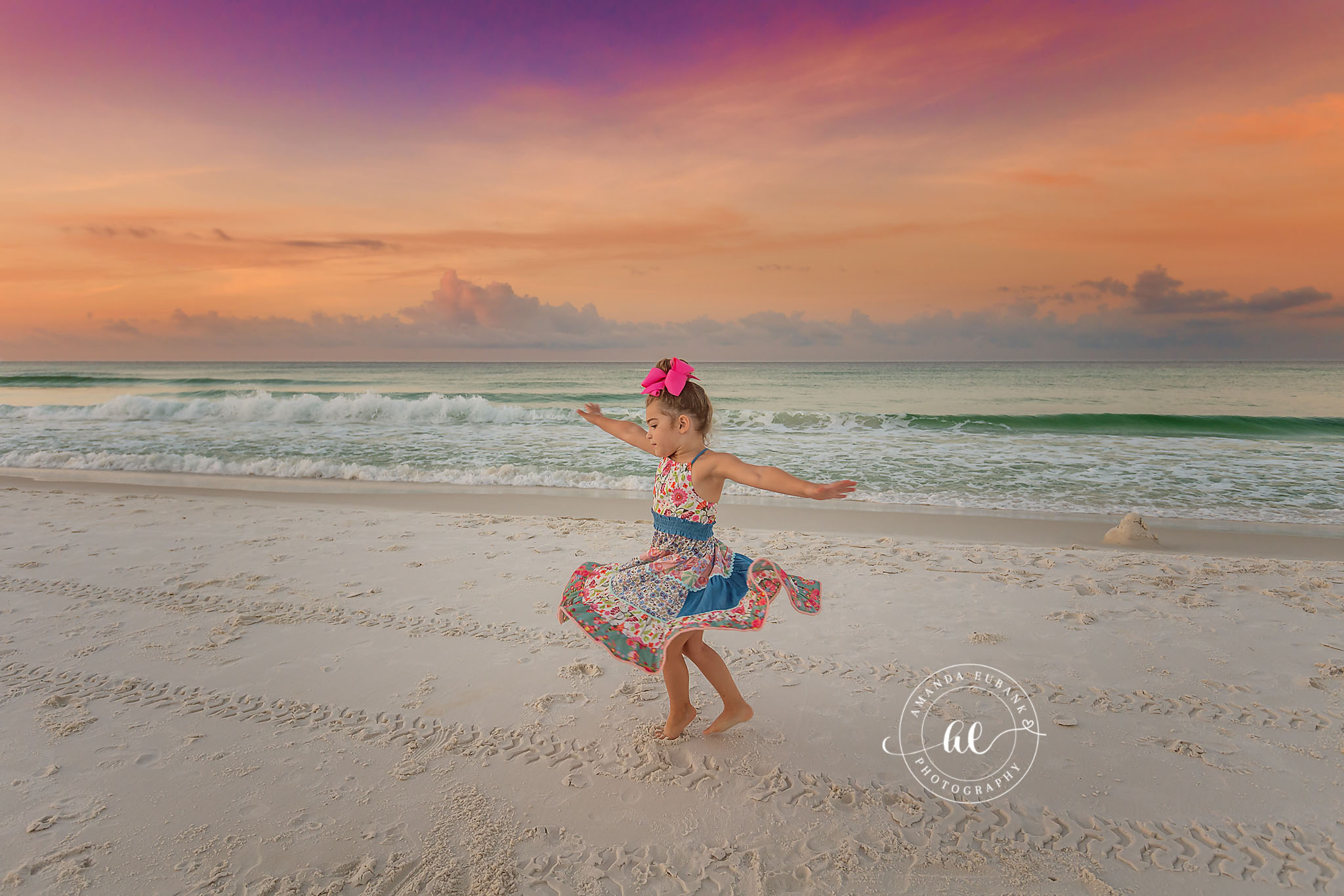 Dancing on the Sand | Kids Beach Portraits in Tampa, FL Tampa children’s photographer captures a little girl twirling and dancing across the sand at sunset.