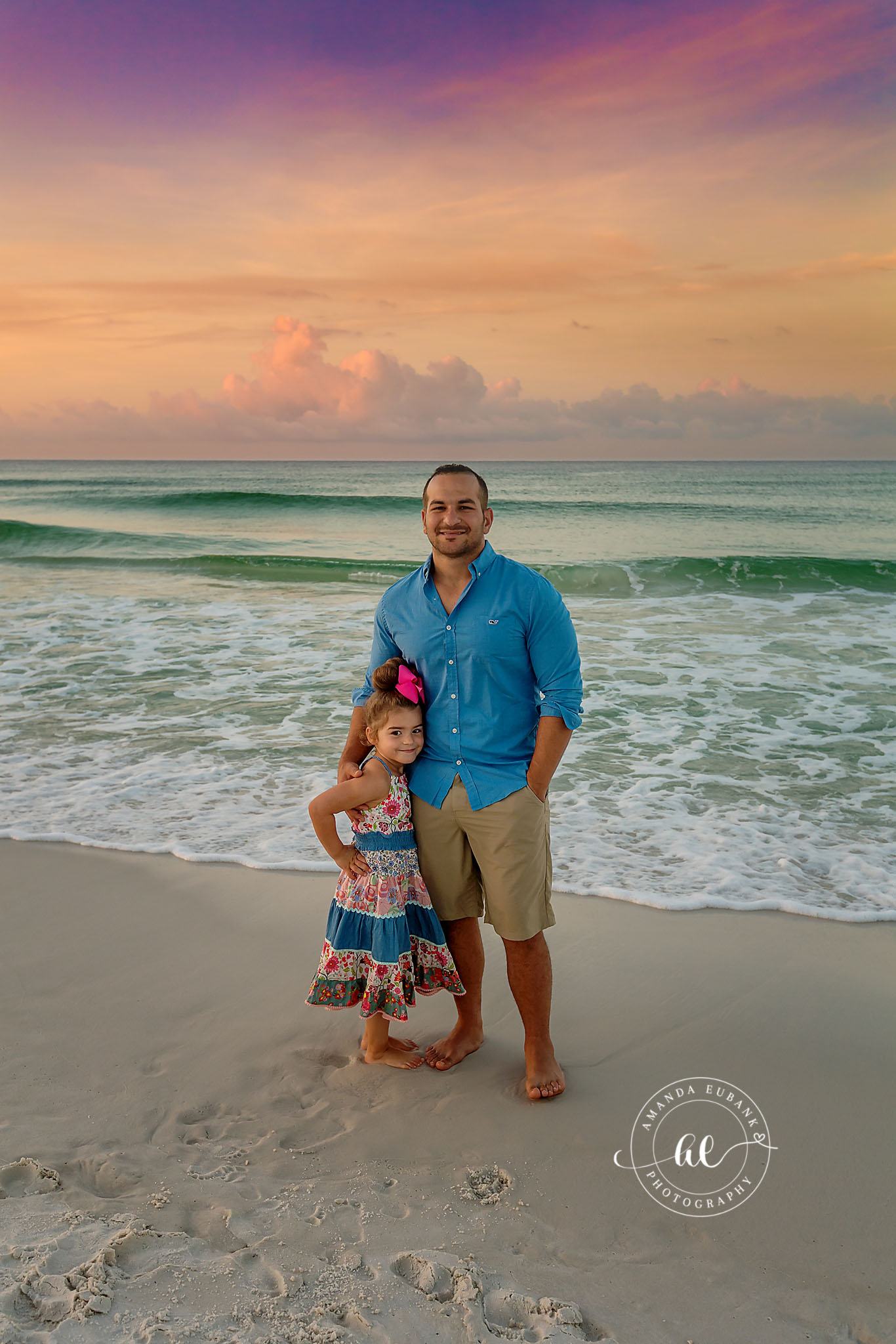 Dad and Daughter in the Surf — Tampa Bay Family Portraits A father and daughter standing together in the surf at sunset — beach family photography in Tampa Bay.