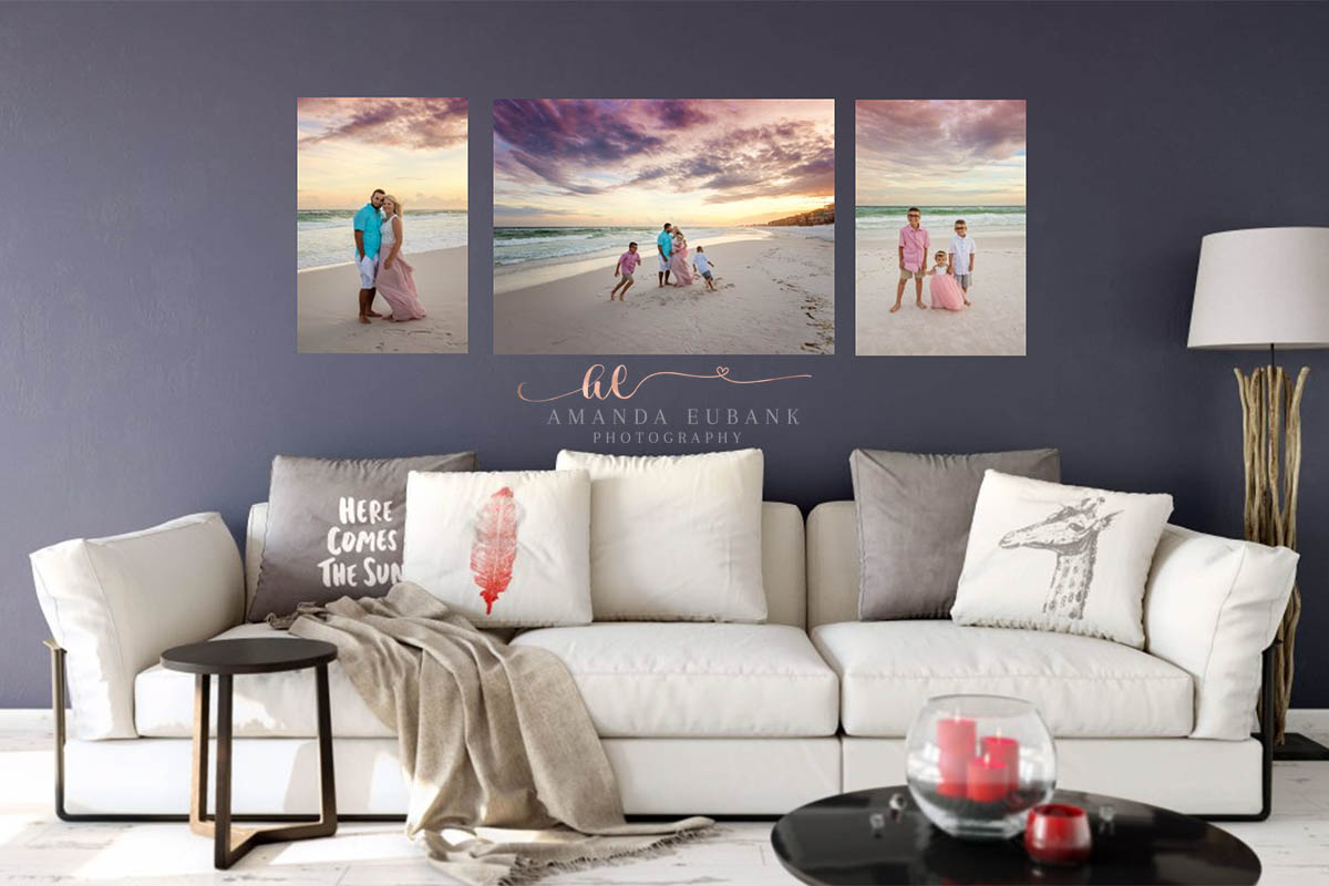 Beach Portraits Above a Sofa | Beach Portrait Prints from a Tampa Photographer Tampa family photographer print display showing three framed beach portraits displayed above a cream sofa on a navy wall.