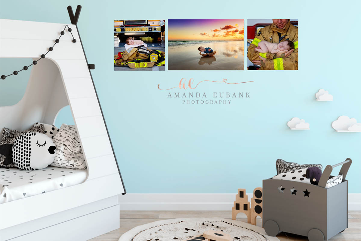 Gallery Prints in a Playroom — Tampa, FL Photography Wall Art Three framed prints hung on an aqua playroom wall above a child's teepee, printed from a Tampa beach portrait session.