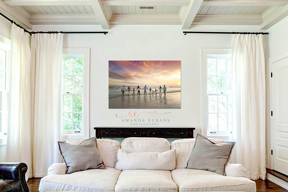 Canvas Above the Bed | Beach Portrait Prints from a Tampa Photographer Tampa family photographer print display showing a large framed beach family canvas hung above the bed in a white bedroom.