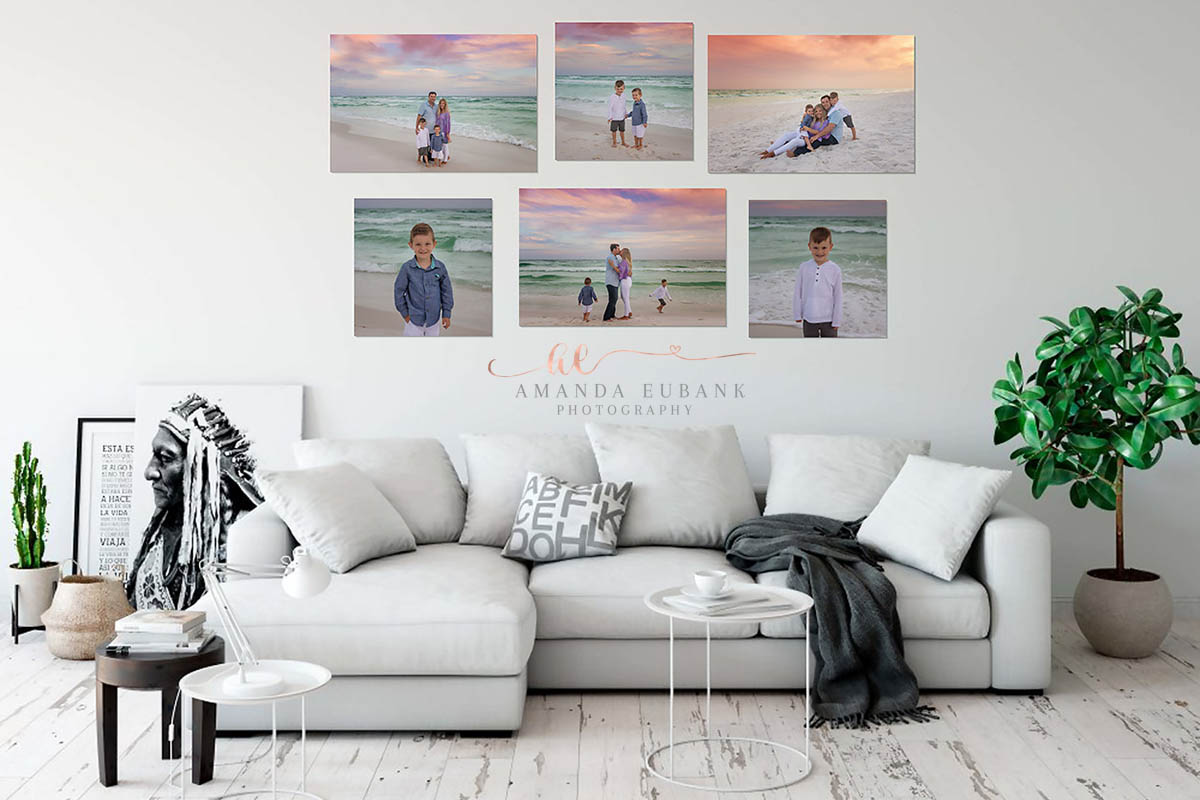 Six-Frame Gallery Wall — Tampa, FL Photography Wall Art A six-frame gallery wall of beach portraits arranged above a white sofa, printed from a Tampa beach portrait session.