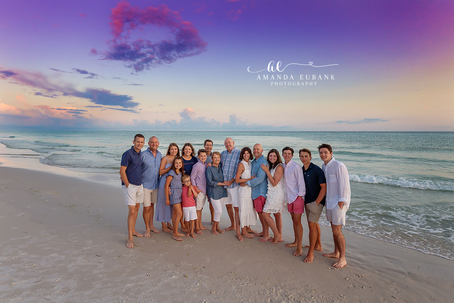 Extended Family in Pastels — Tampa Bay Extended Family Session An extended family of fourteen lined up on the beach in soft pastels at a large family beach session in Tampa, FL.
