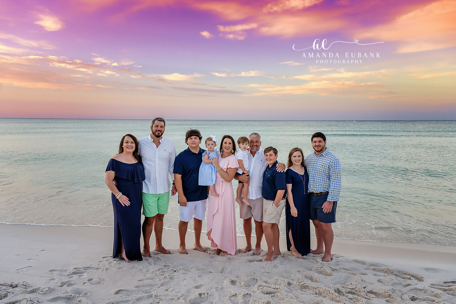 Extended Family in Navy | Large Family Beach Photos in Tampa, FL Tampa extended family photographer captures an extended family of thirteen on the beach in navy and blush at sunset.