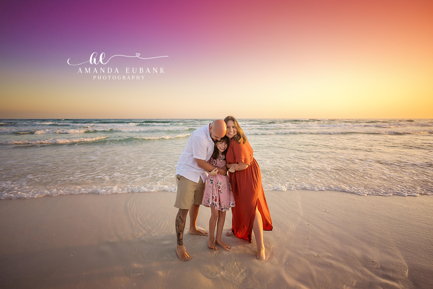 Family Group Hug at Sunset | Tampa Beach Family Photography Tampa family photographer captures a family of five in a group hug on the beach in rust and white at sunset.