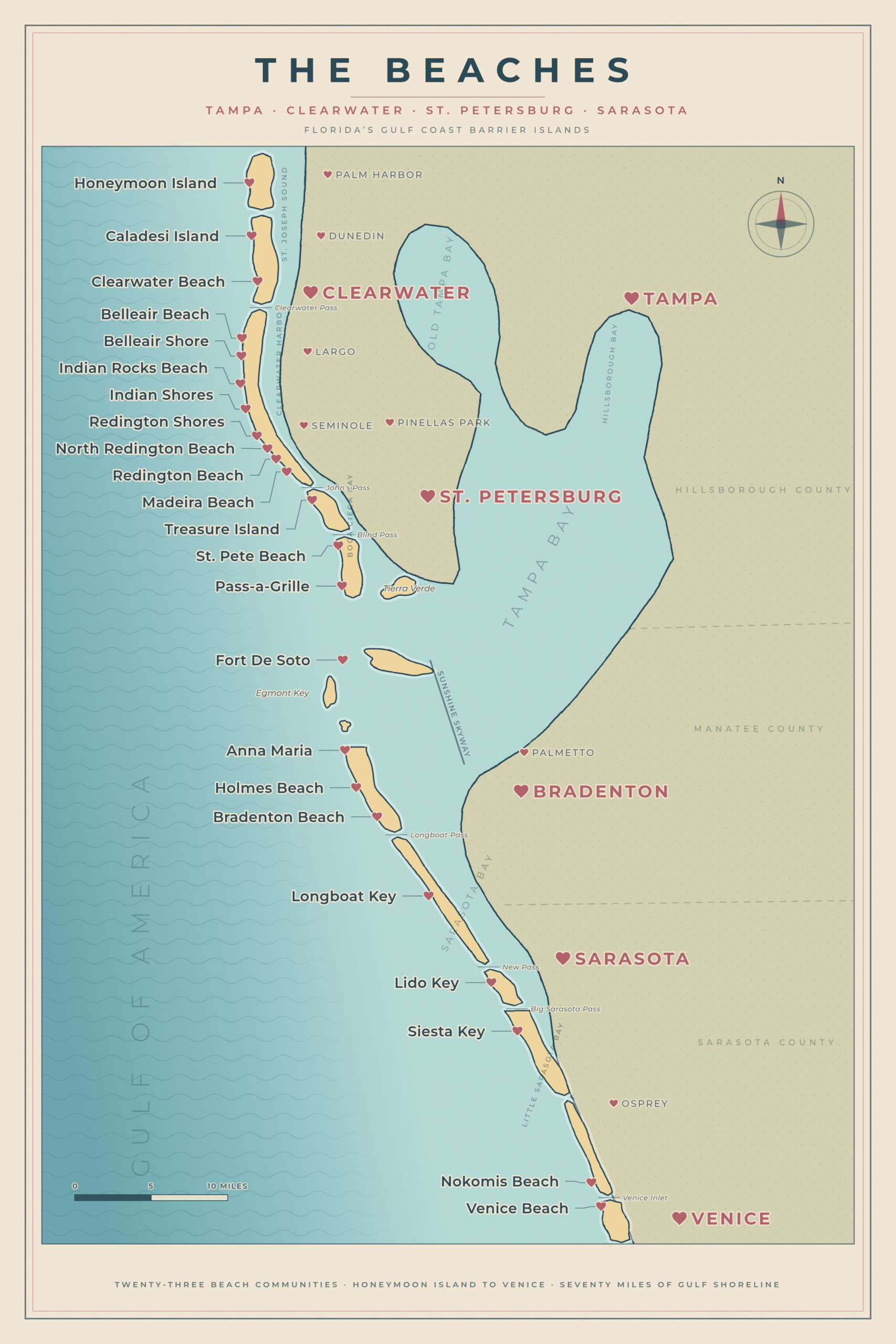 Beaches Service Area Map | Tampa Beach Photographer An illustrated coastal map graphic marking the beaches served by this Tampa, Florida portrait photographer.