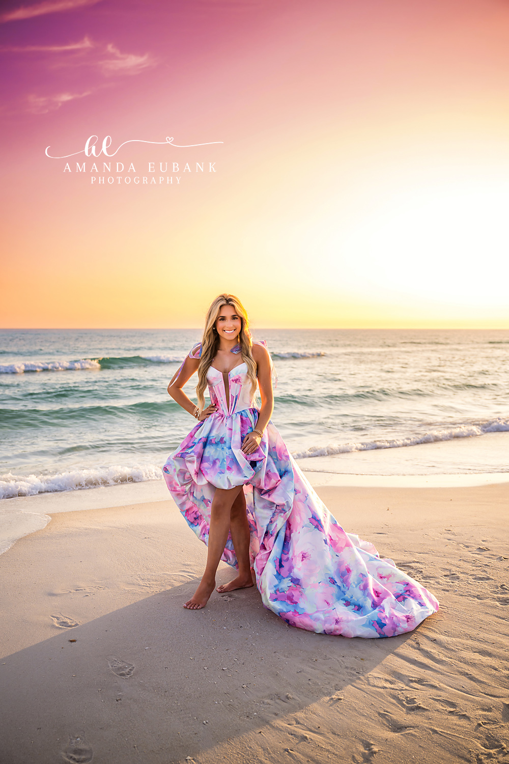 Backlit Printed Gown | Senior Portraits in Tampa, FL Tampa senior photographer captures a senior in a printed gown backlit by the low sun over the Gulf.