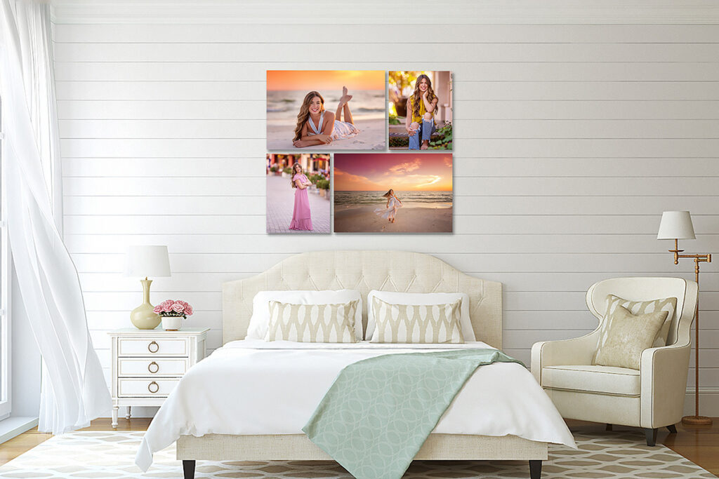 Four senior portrait prints arranged above a bed in a white shiplap bedroom
