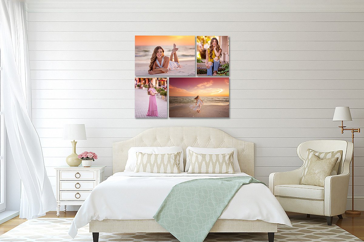 Four senior portrait prints arranged above a bed in a white shiplap bedroom
