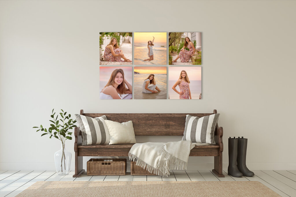 Six print senior portrait collage displayed on a wall above a wooden entryway bench