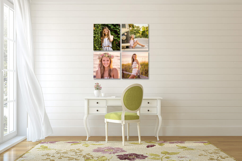 Grid of four senior portrait canvases on a white shiplap wall above a vanity desk