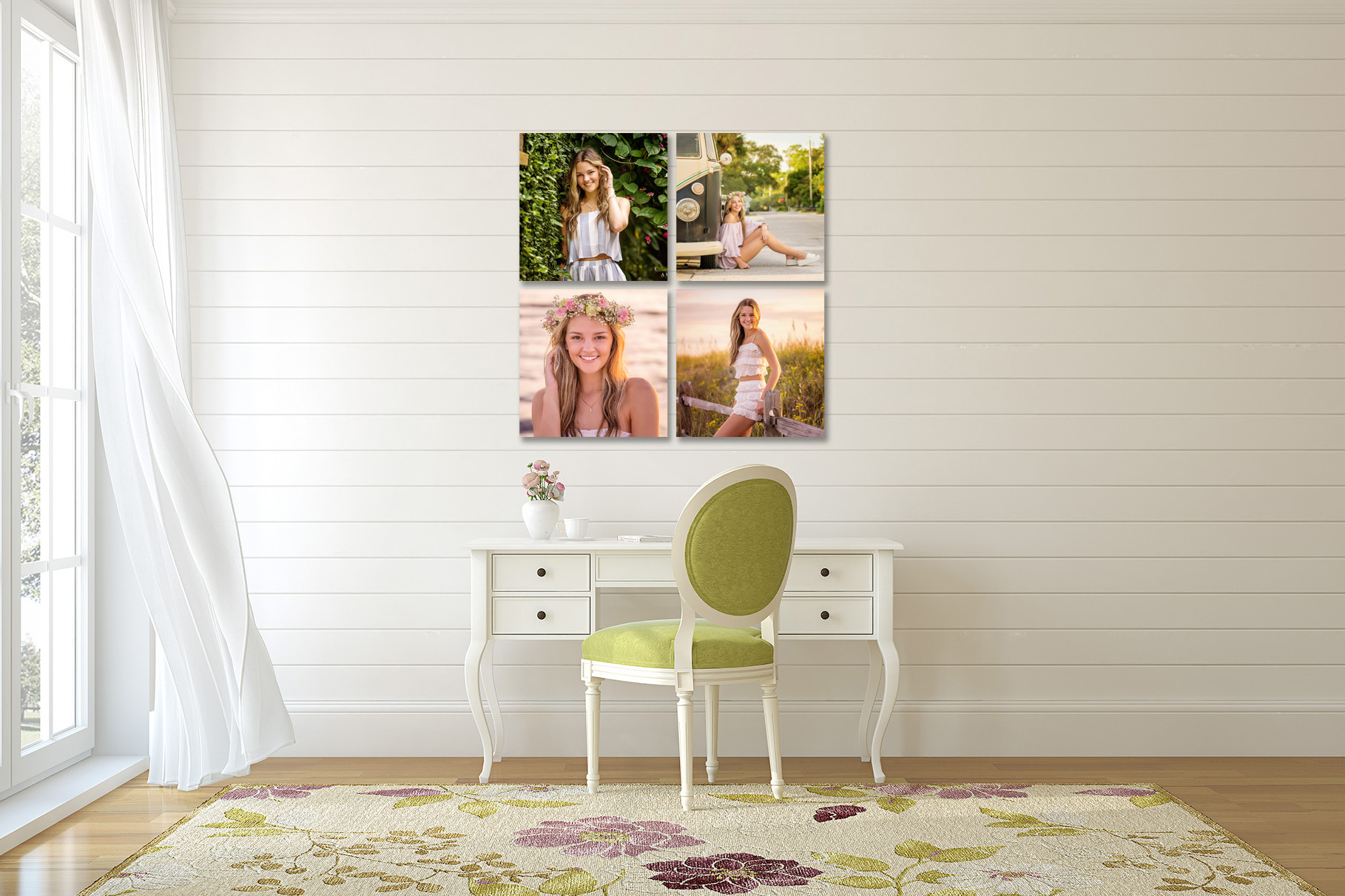 Grid of four senior portrait canvases on a white shiplap wall above a vanity desk